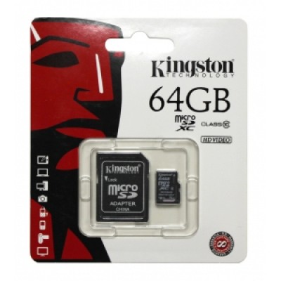 Карта памяти Kingston MicroSD 64Gb Class 10 Flash Card+SD adapter гар.6 мес.
