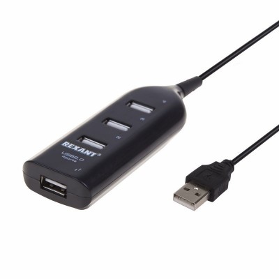 USB-разветвитель REXANT 2.0 4порт. черный шнур 55 см