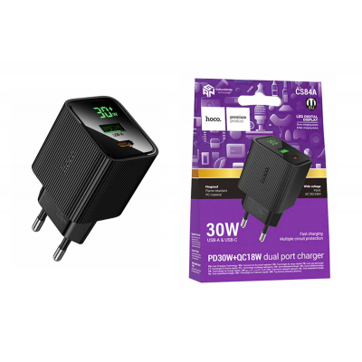 Сетевое зар. устр. HOCO CS84A USB-A&USB-C 30W черное c дисплеем